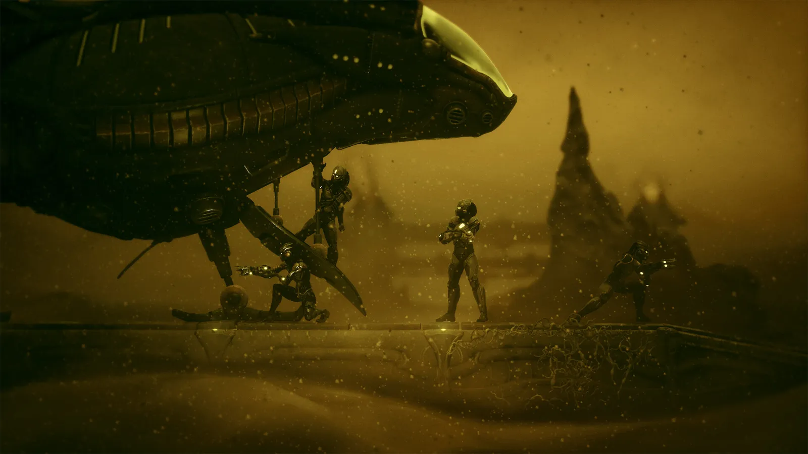 Moadra official screenshot of Neera explorers and a landing ship on a dusty amber planet surface