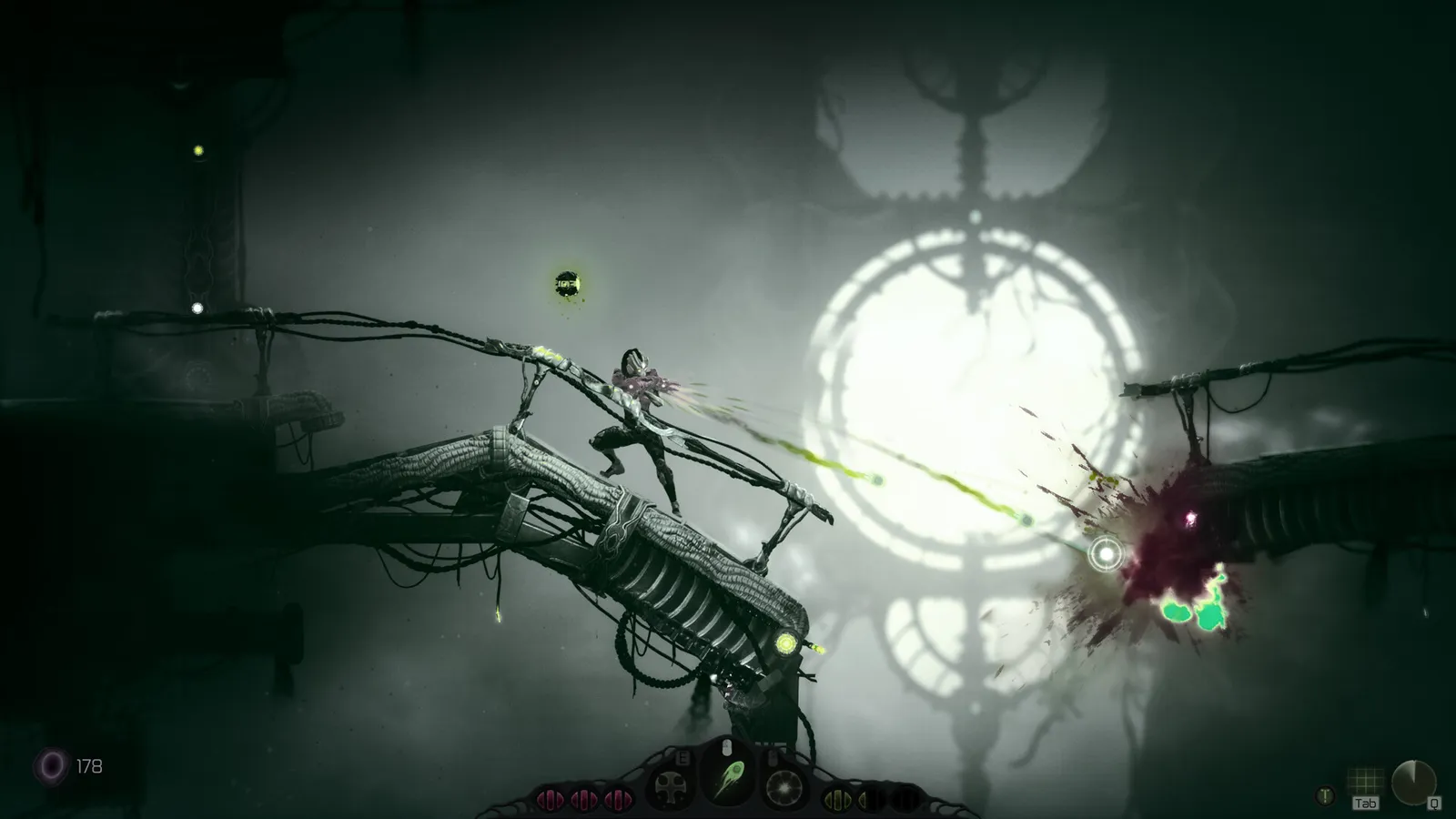 Moadra fires a green energy beam from a cable-strung metal walkway with a small floating orb nearby and bottom HUD showing Tab and Q prompts