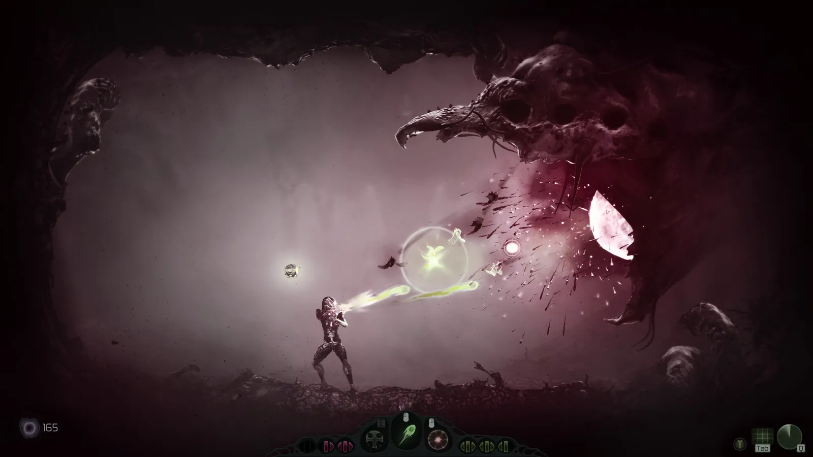 Moadra fires a green energy burst at a large skull-headed boss with a hooked beak in a red-lit cavern, with ability slots and a Protoplasm counter on the HUD