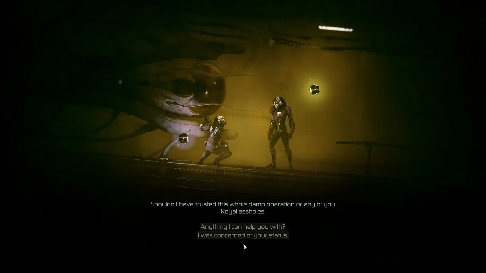 In-game dialogue between two armored characters in a dim, yellow-lit facility, with small floating orbs nearby