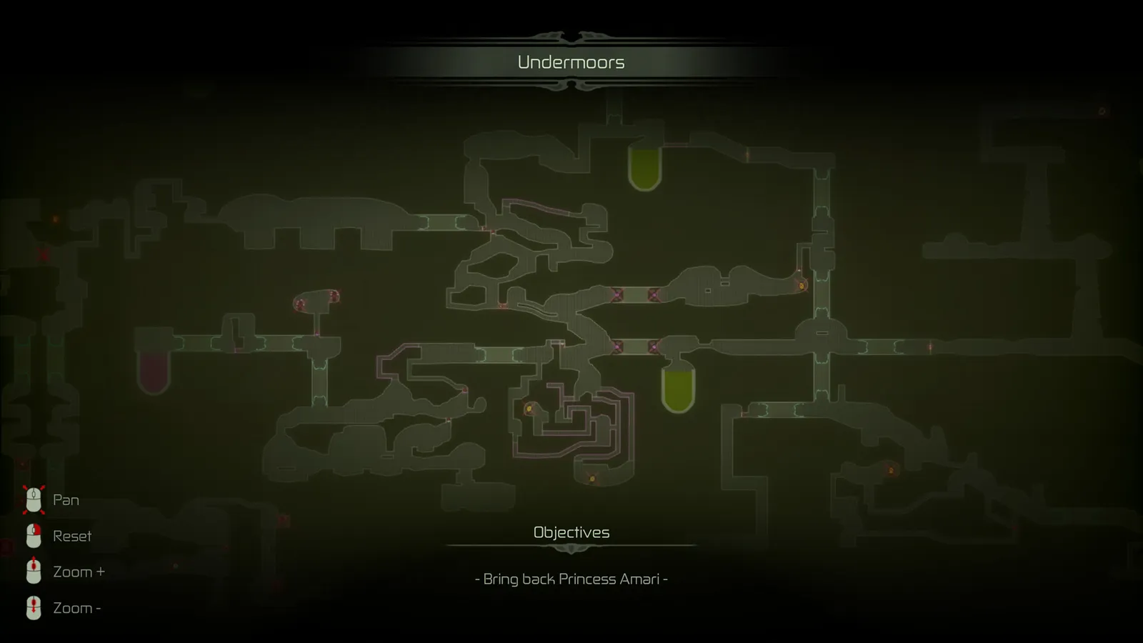 Moadra full-screen map UI with room grid, objective text, and pan-and-zoom mouse hints