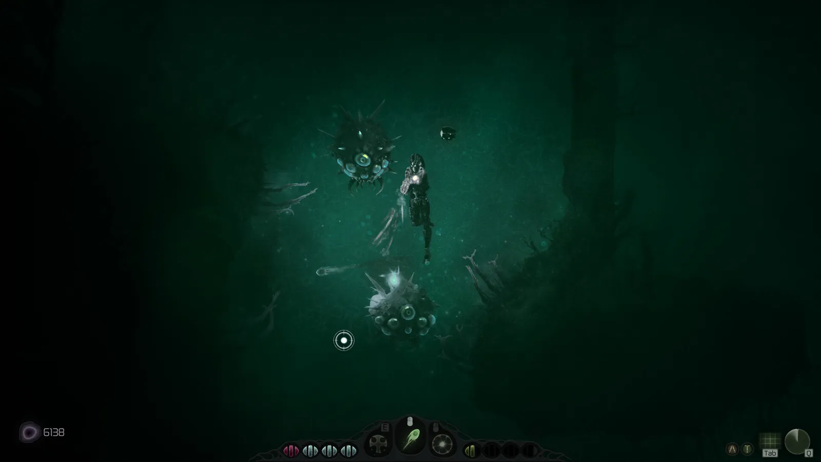 Underwater scene with two spiky creatures, a circular free-aim reticle, a small floating orb, and a HUD with ability slots and a Protoplasm counter