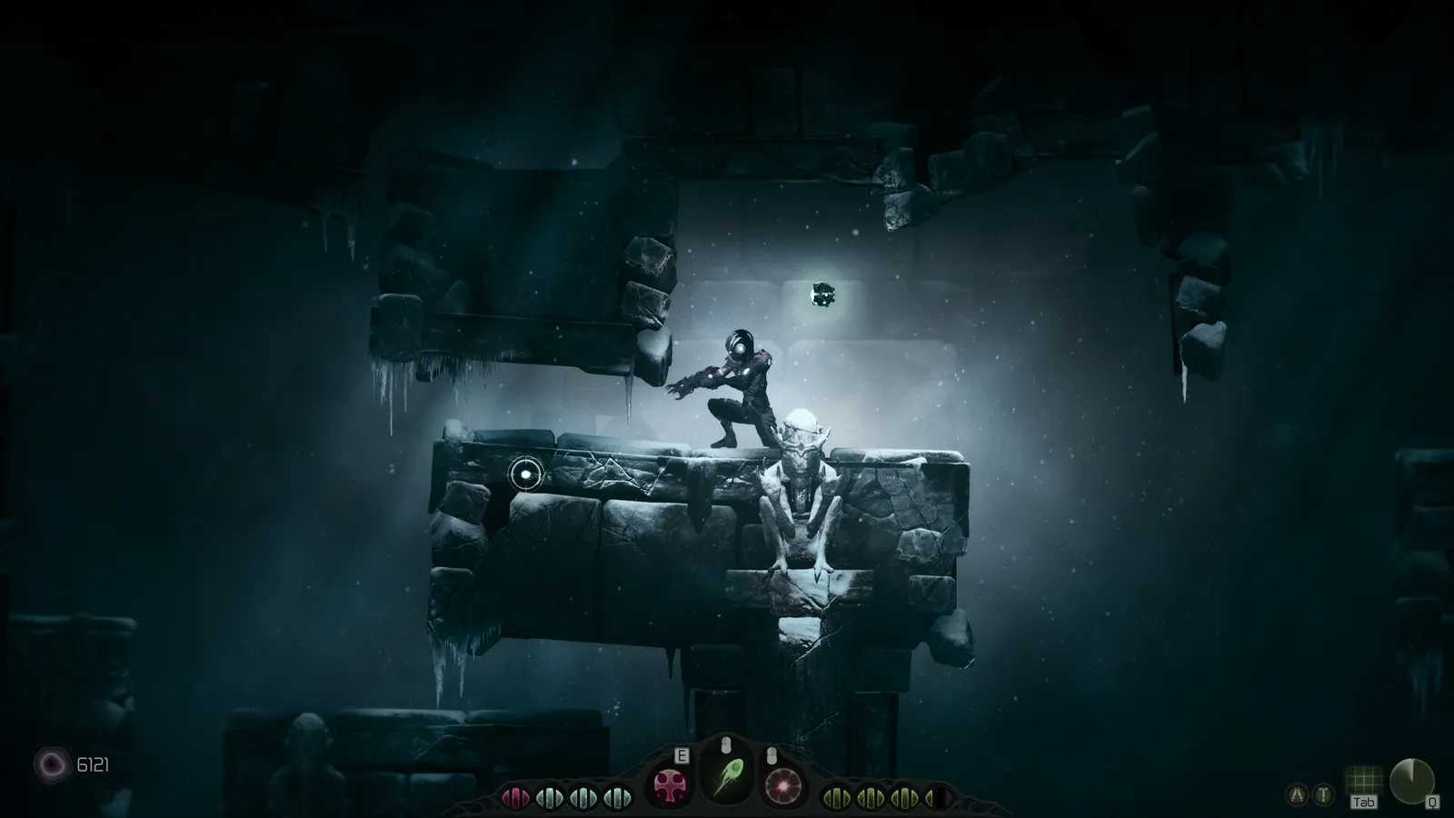 Icy cavern platform with HUD E prompt on central ability, Tab map hint, and Protoplasm counter at 6121