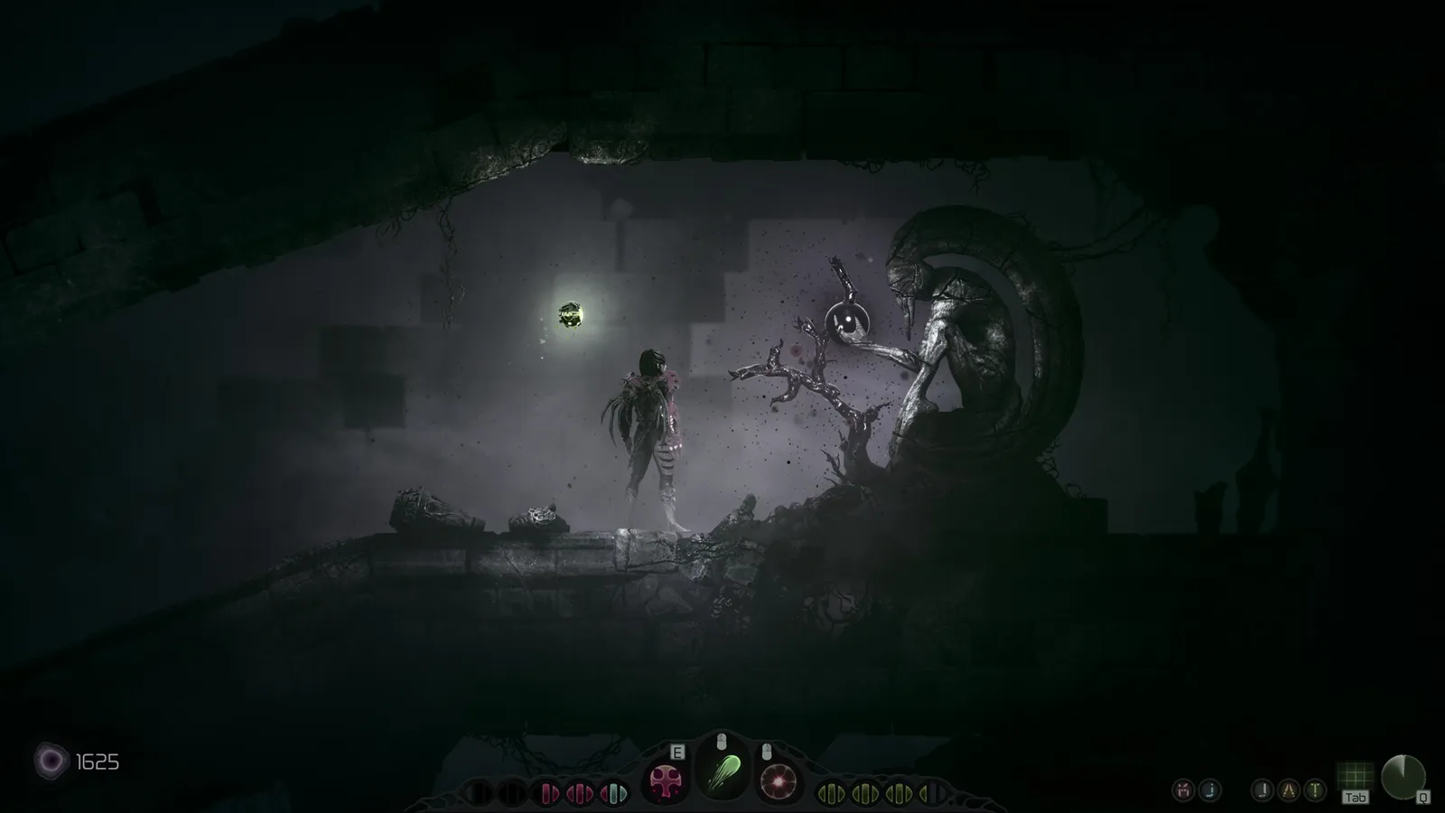 Moadra standing beside a carved stone statue alcove in a dark ruin, with a glowing green orb nearby and the Protoplasm counter at the bottom left