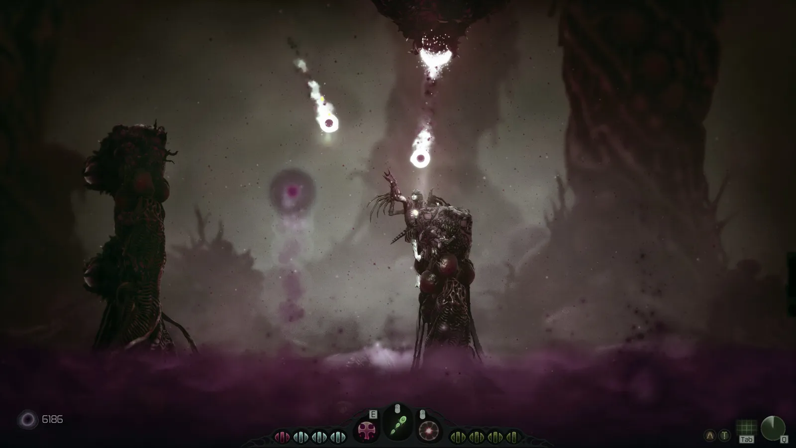 Moadra combat in a purple fog biome with HUD showing Protoplasm total and ability orbs