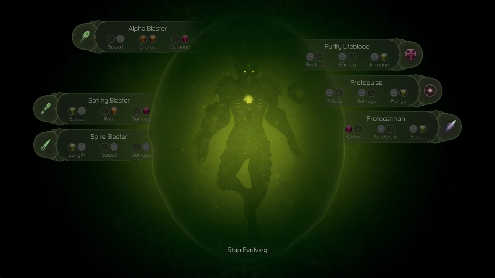 Moadra Evolve screen showing Alpha Blaster, Gatling Blaster and Spire Blaster tracks on the left and Purify Lifeblood, Protopulse and Protocannon tracks on the right